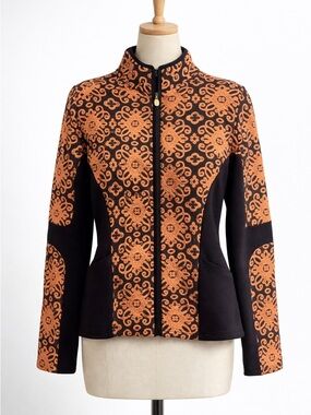 Sahalie Jacquard Jacket Medium Black Tan Boho Zip Up Knit Stretch Retro Layer